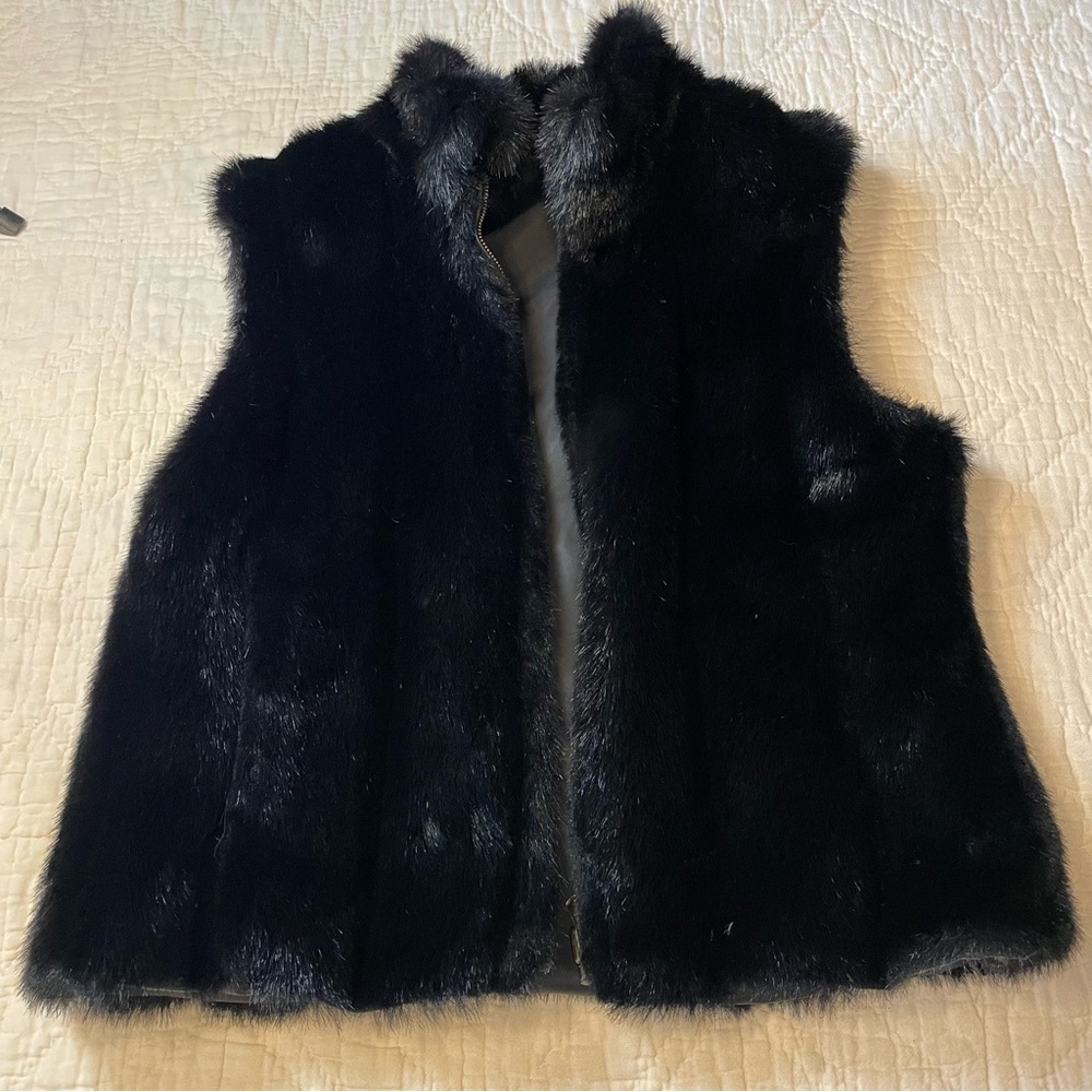 Vintage 90s Y2k FUDA Black Faux Fur Reversible Vest S